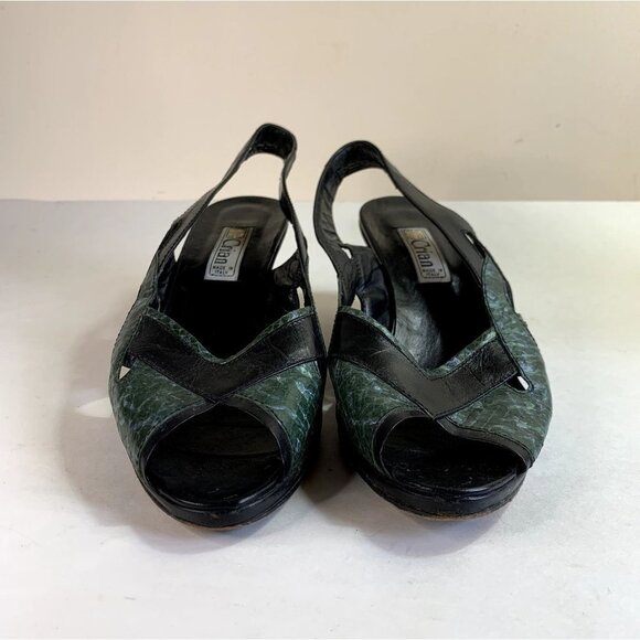 Vintage 70s Pointed Toe Slingback SnakeSkin Wedge Shoe Black Green Women's 38/7 - Picture 5 of 9